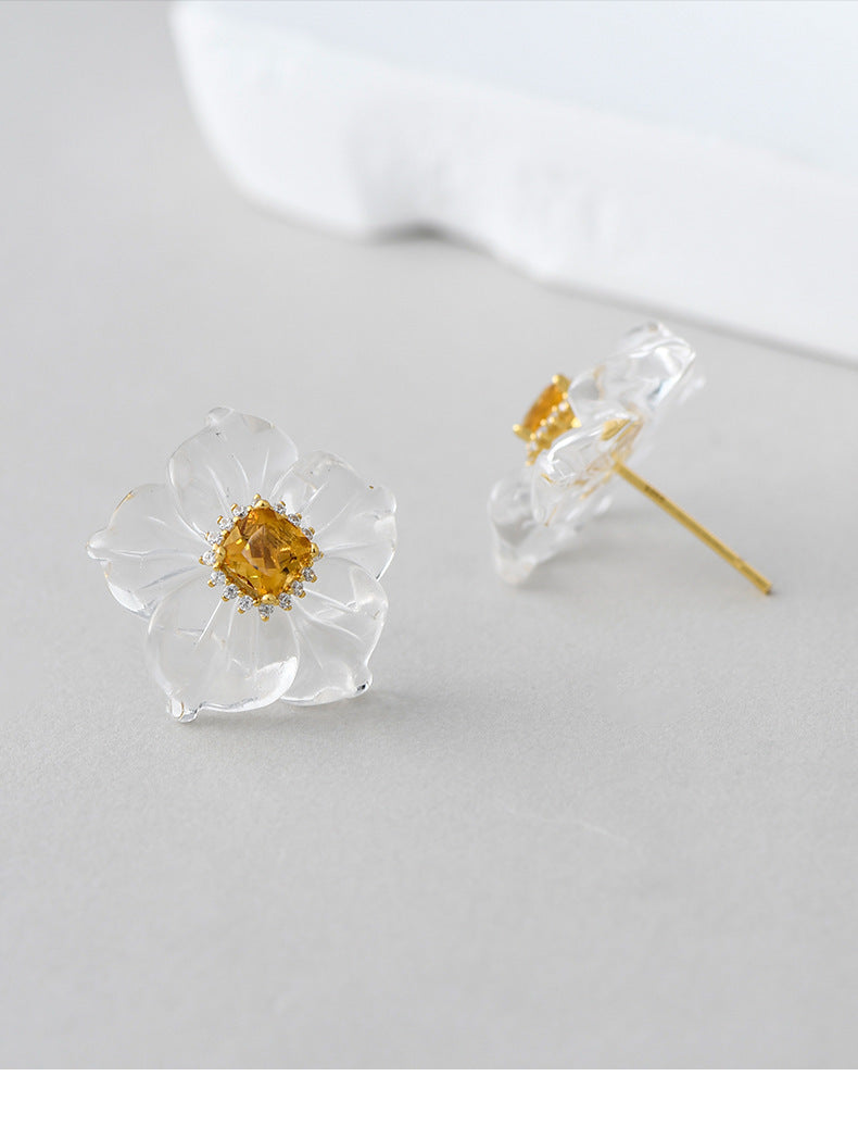 3D Flower Crystal Stud Earrings - 925 Silver Camellia Design - Citrine Accents