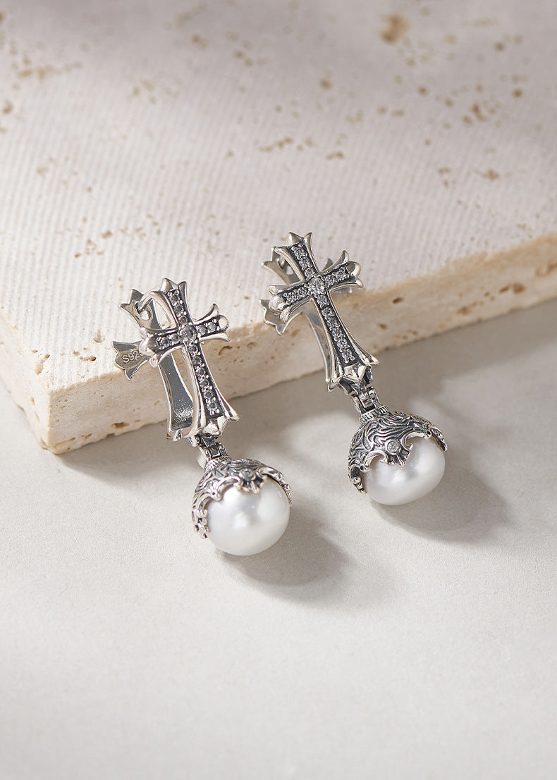 Vintage Inspired Pearl Cross Earrings - Sterling Silver Arabesque Detail - Unisex Clip-On Elegance