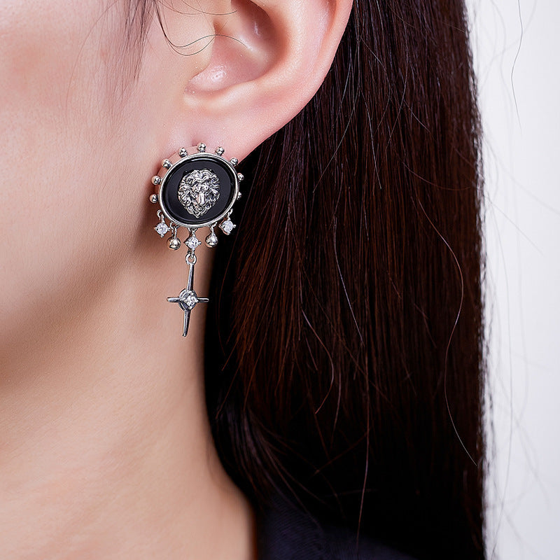 925 Sterling Silver Lion Head Black Onyx Tassel Earrings - Unisex