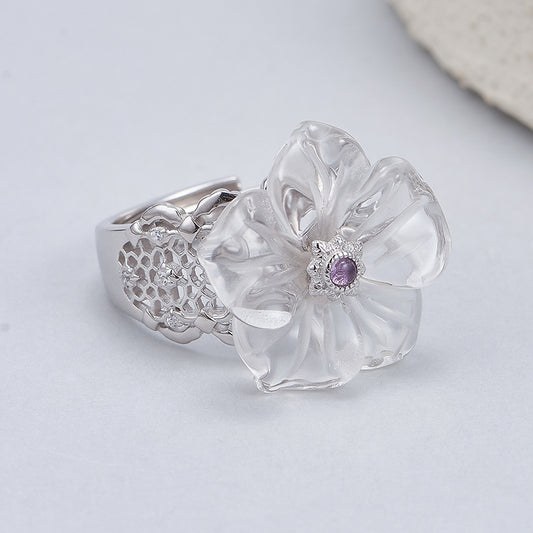 Hollow Lace Crystal Flower Ring - 925 Silver Temperament - Versatile High-End Design