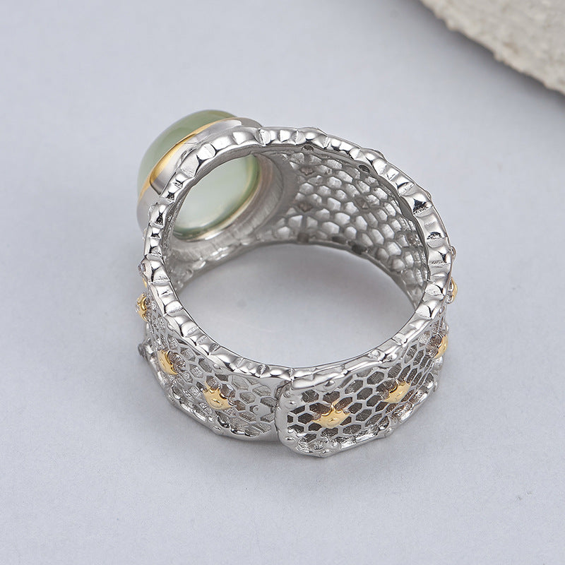 Hollow Lace Grape Stone Ring - 925 Silver Wide Band - Retro Geometric Design