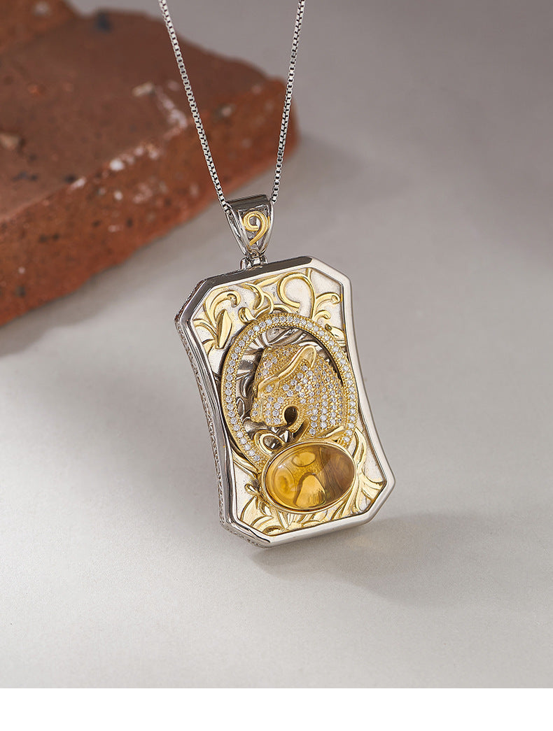 925 Sterling Silver Leopard Head Citrine Square Pendant Necklace - Vintage Design
