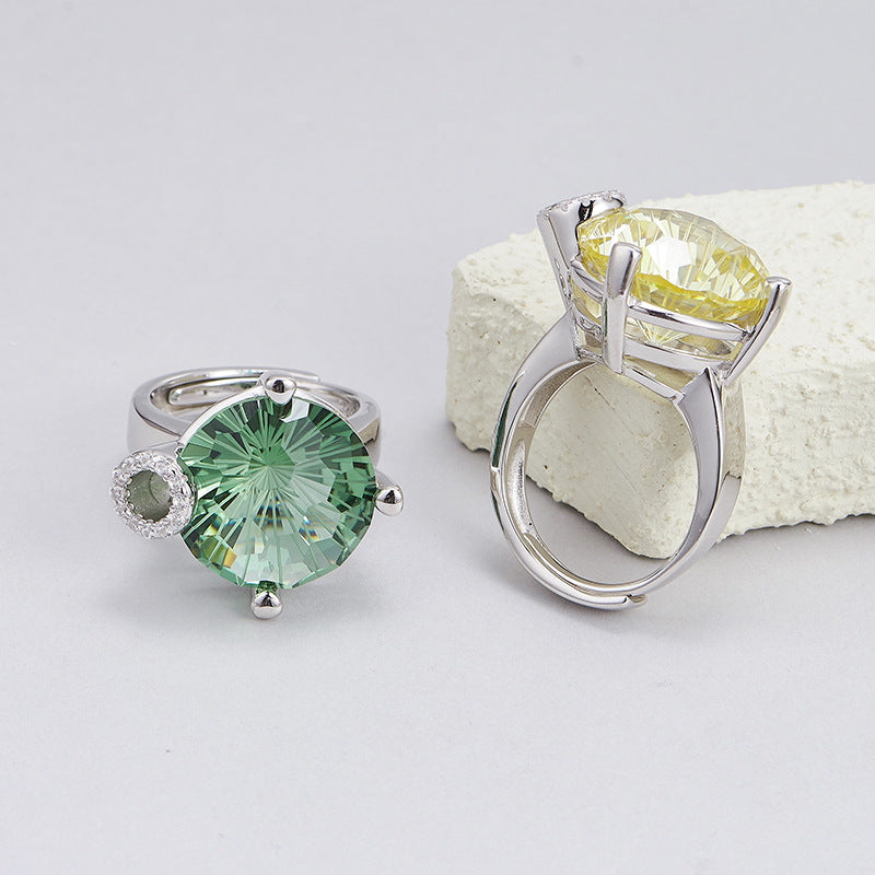 S925 silver light luxury niche design cutting surface round green crystal open ring versatile woman