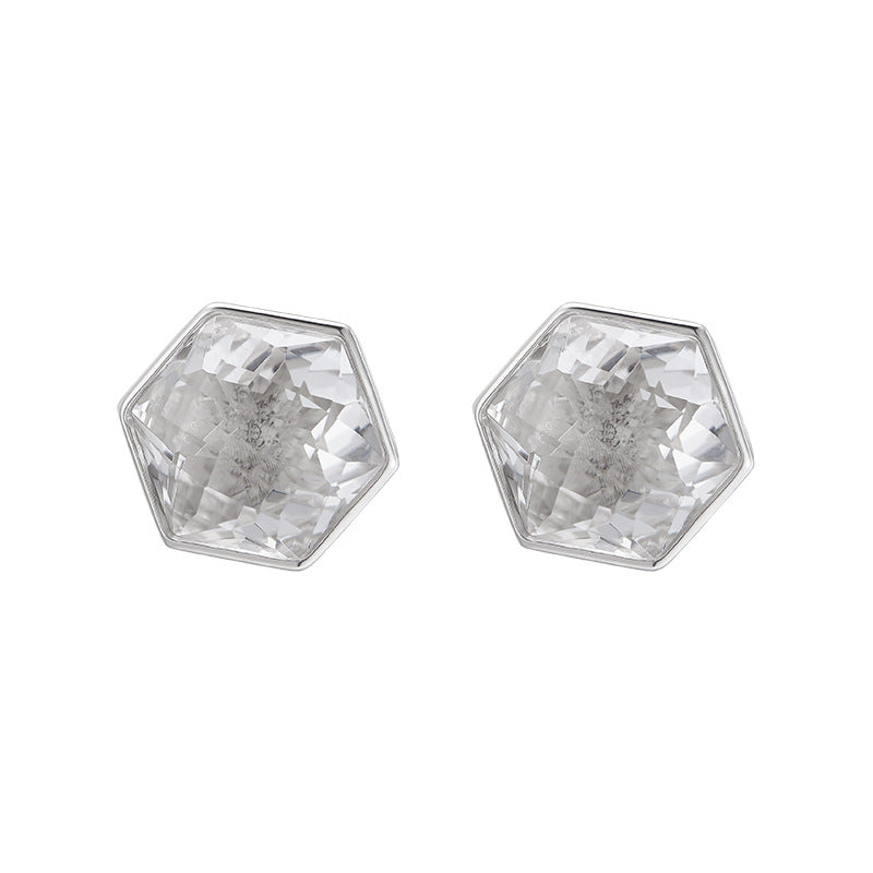S925 silver rhombus white crystal heavy industry open ring design sense versatile temperament geometric stud earrings jewelry