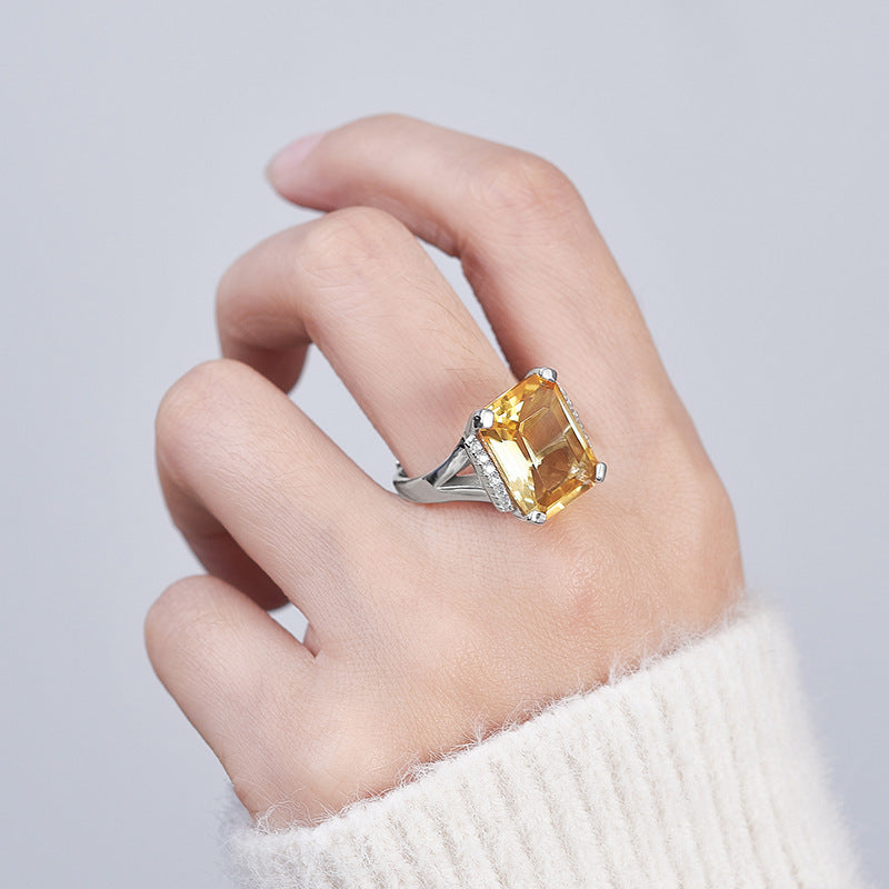 S925 Silver Delicate Fashion Cut Citrine Geometric Open Ring Simple Versatile Temperament Square Index Finger Ring Women