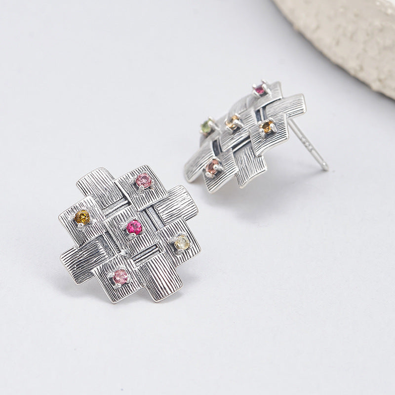 925 Sterling Silver Geometric Textured Stud Earrings