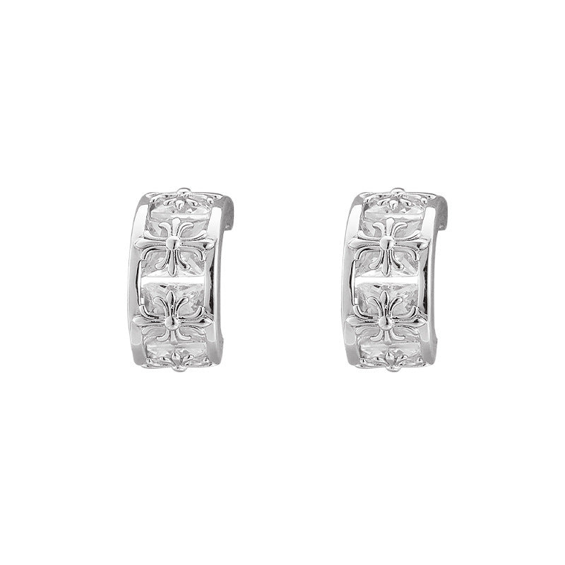 925 Sterling Silver Cross Pattern C-Shape Crystal Stud Earrings