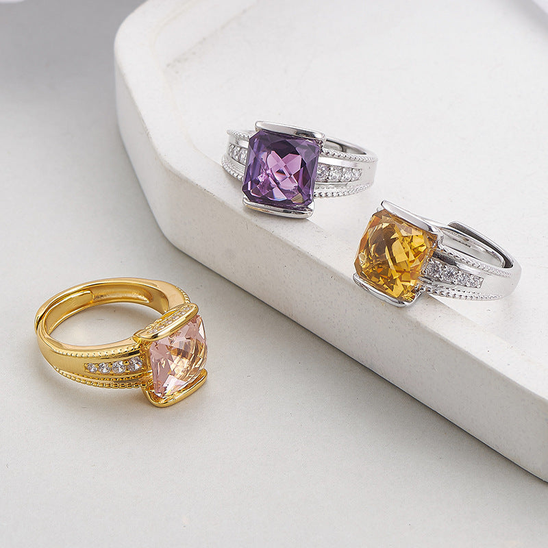 Faceted Amethyst Square Ring - 925 Sterling Silver Adjustable Open Band with Citrine Accents