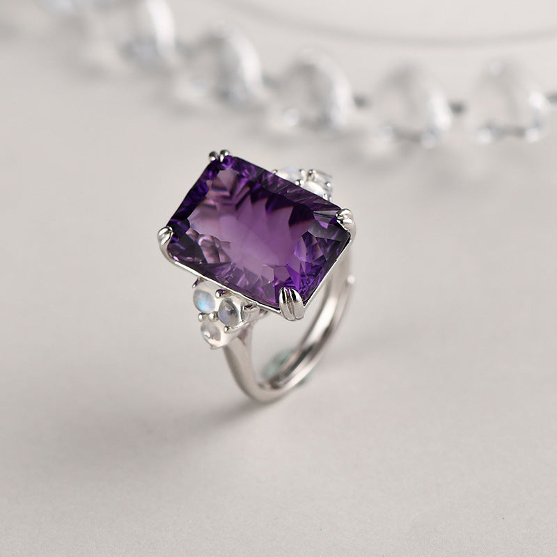 925 Sterling Silver Square Faceted Amethyst Ring - Minimalist Design