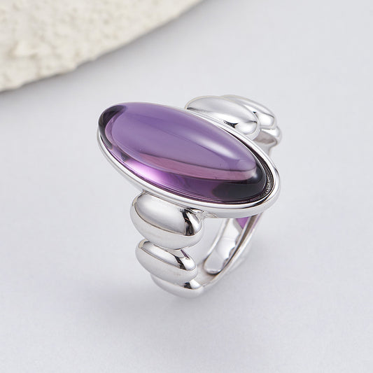 Geometric Natural Amethyst Ring - 925 Silver Cold Wind - Light Luxury Versatile Design
