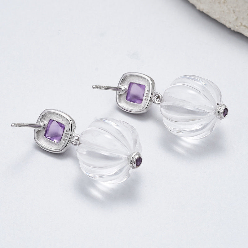 S925 silver rhombus hollow amethyst stud earrings pumpkin beads white crystal earrings simple niche design geometric set