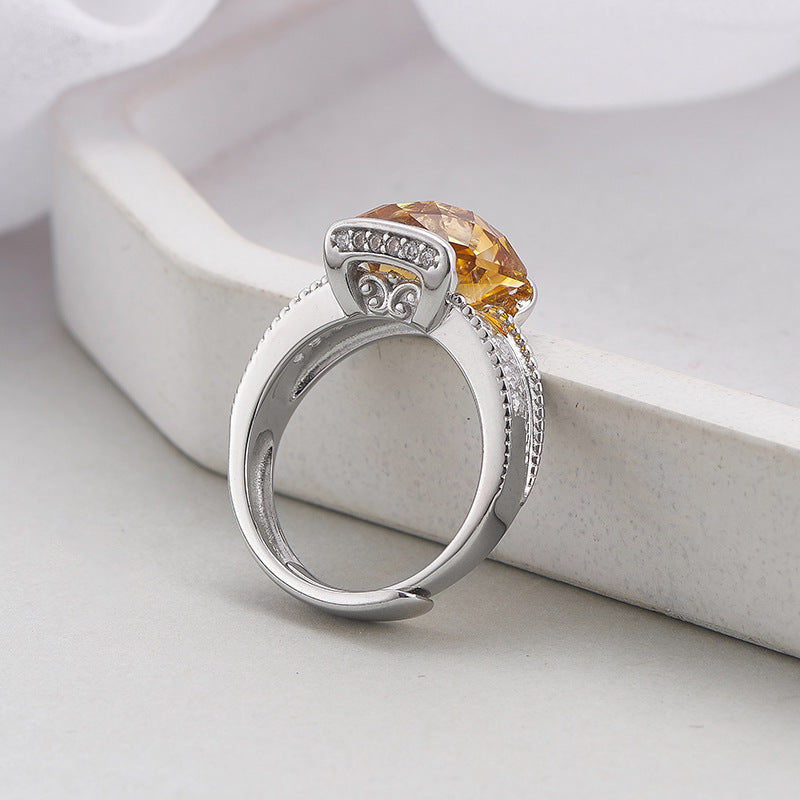 Faceted Amethyst Square Ring - 925 Sterling Silver Adjustable Open Band with Citrine Accents