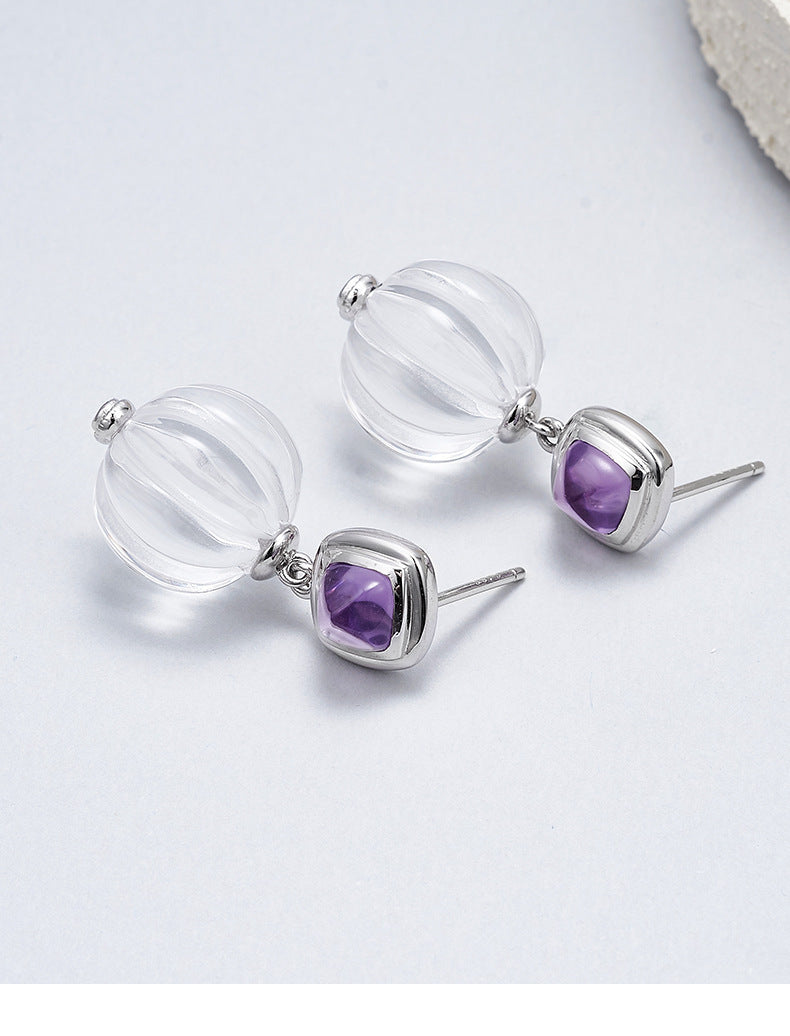 S925 silver rhombus hollow amethyst stud earrings pumpkin beads white crystal earrings simple niche design geometric set