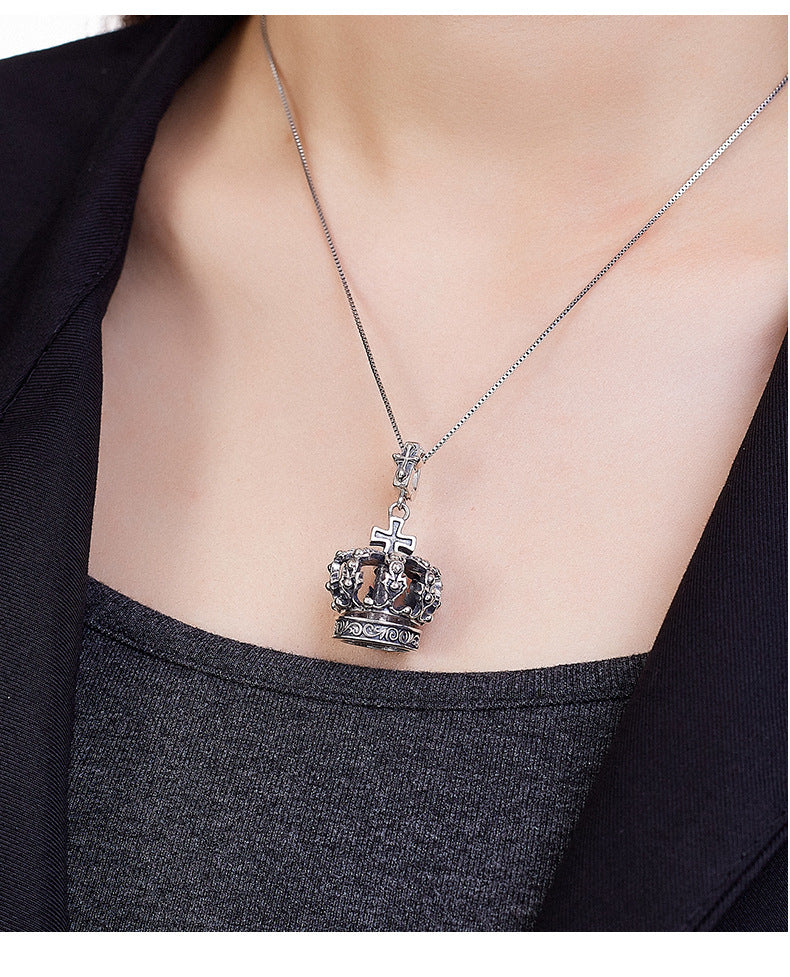 S925 Silver Cross Crown Pendant Niche Design Couple Sweater Necklace Men