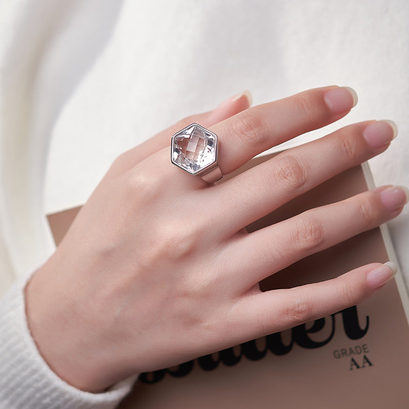 S925 silver rhombus white crystal heavy industry open ring design sense versatile temperament geometric stud earrings jewelry