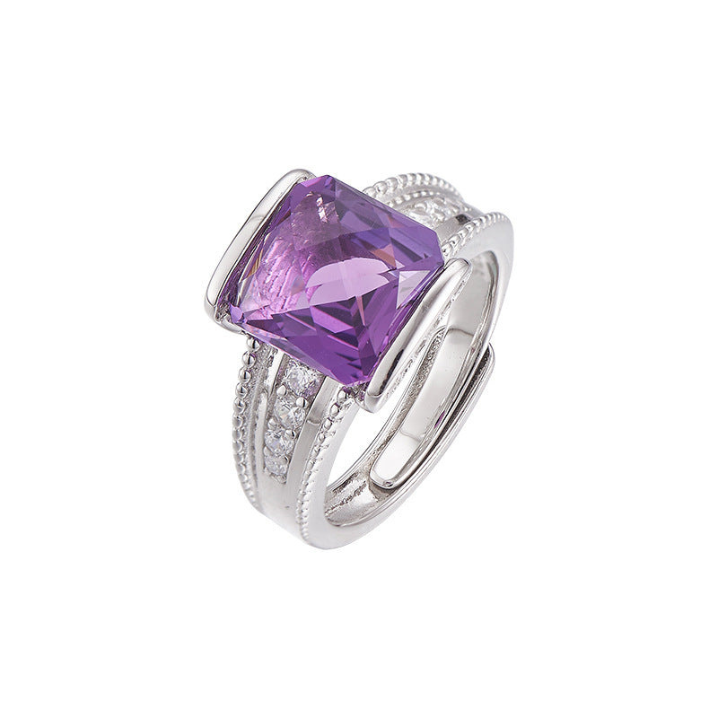Faceted Amethyst Square Ring - 925 Sterling Silver Adjustable Open Band with Citrine Accents