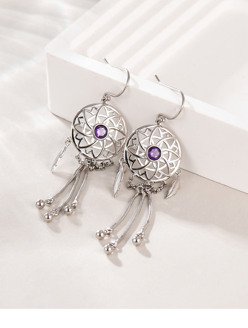 925 Sterling Silver Dreamcatcher Tassel Dangle Earrings - Bohemian Design