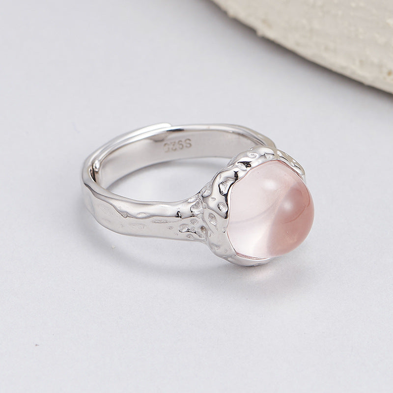 S925 silver powder crystal ring texture compact geometric adjustable ring