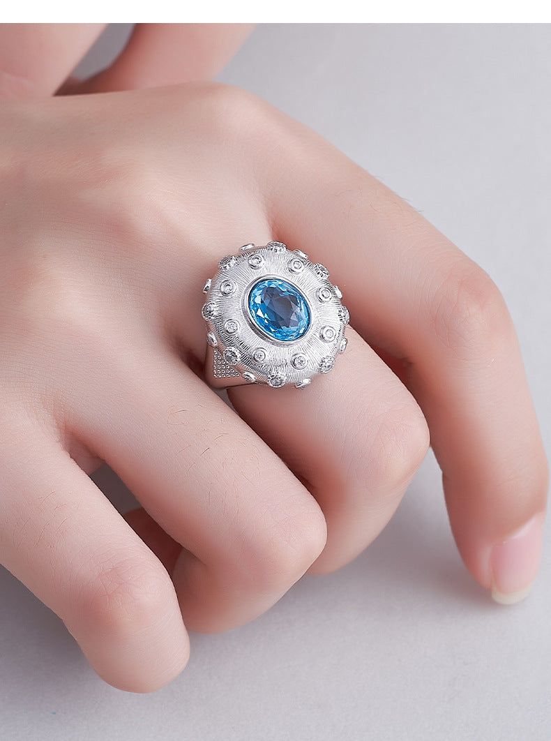 925 Sterling Silver Brushed Oval Topaz Ring with Crystals - Court Style Open Ring