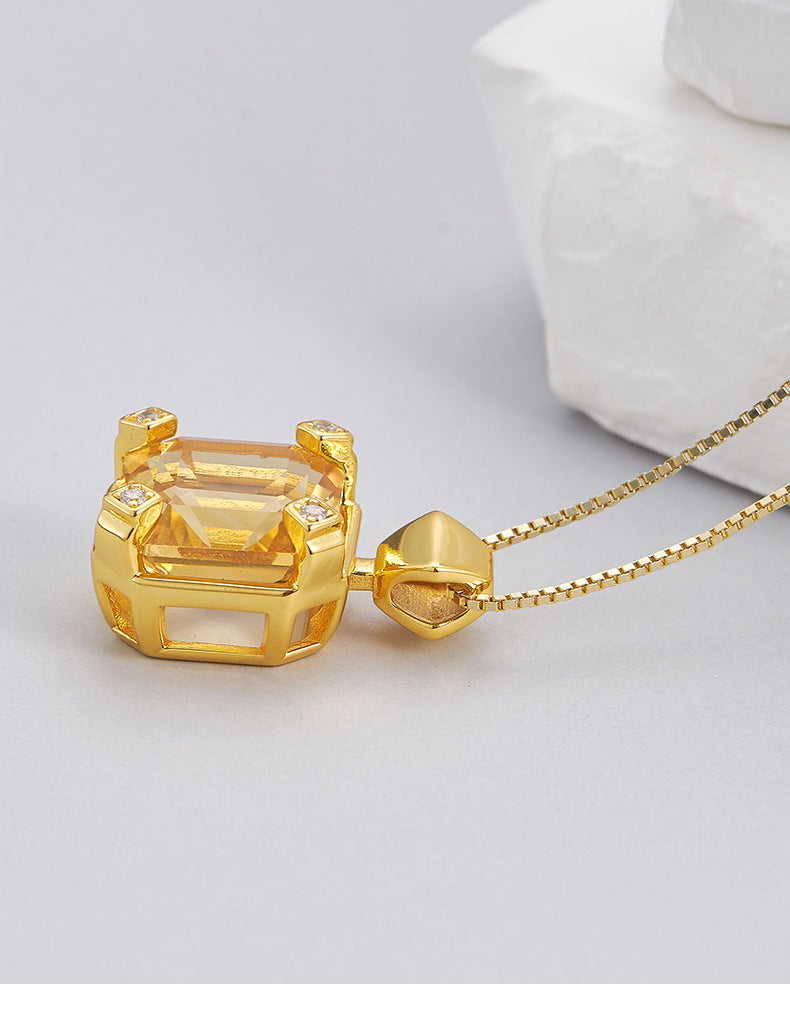 S925 silver simple and fashionable sugar cube citrine pendant light luxury niche design geometric collarbone necklace