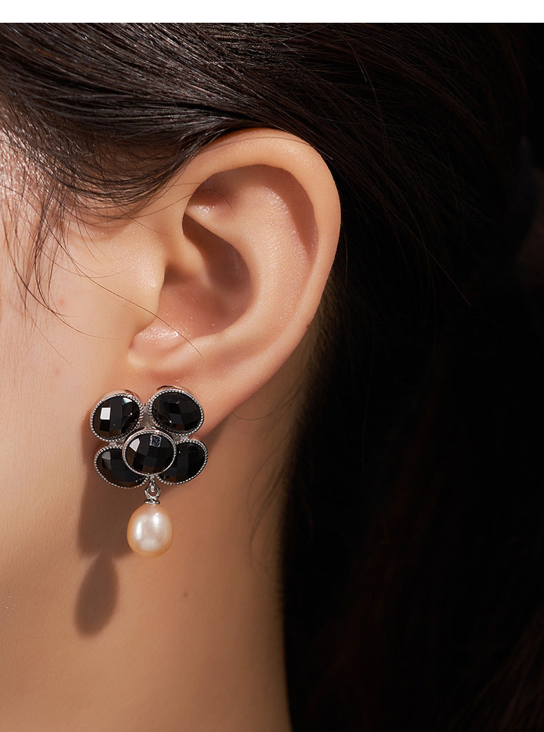 925 Sterling Silver Black Onyx Pearl Camellia Stud Earrings - French Design