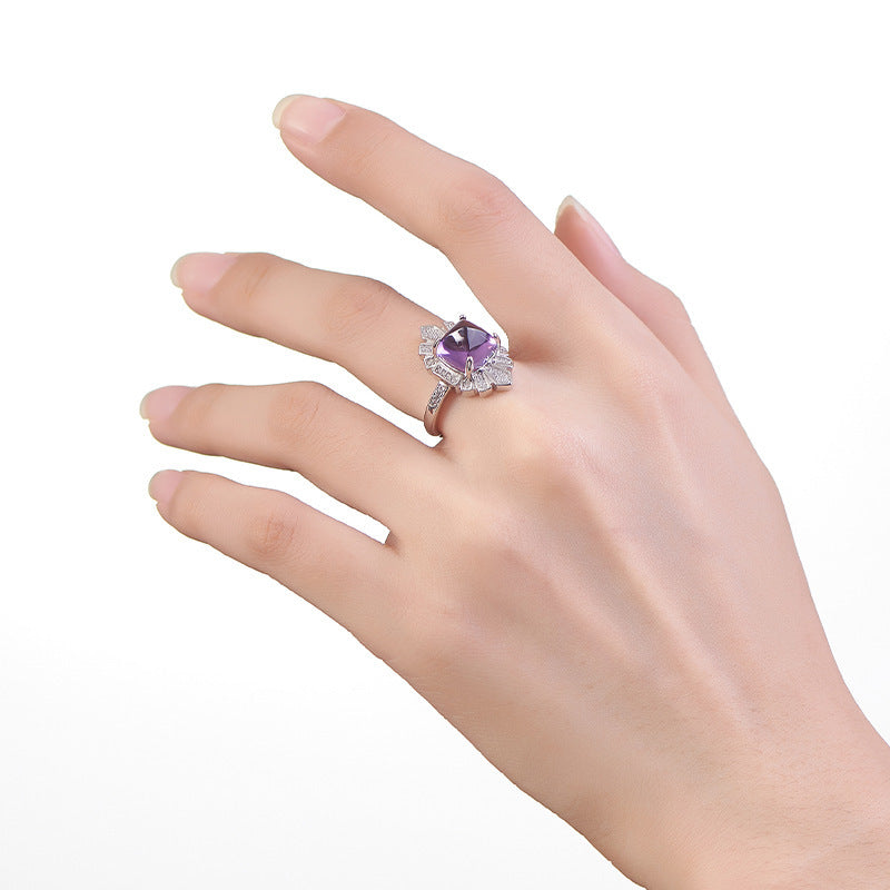 925 Sterling Silver Geometric Faceted Amethyst Open Ring - French Design