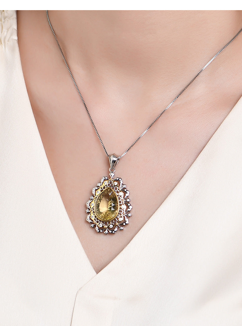 925 Sterling Silver Italian Lace Citrine Teardrop Pendant Necklace - Vintage Court Style