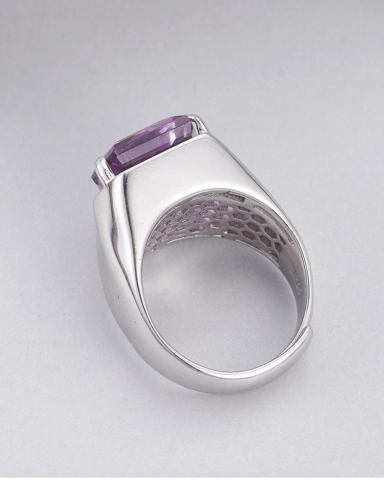S925 silver cut amethyst geometric personality open ring fashionable simple sweet cool temperament adjustable ring