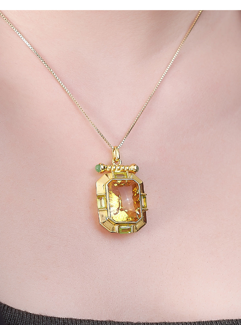 925 Sterling Silver Gold Plated Square Citrine Pendant Necklace