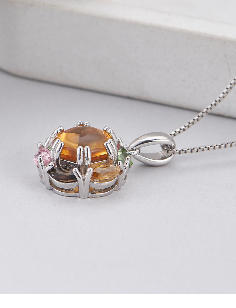 925 Sterling Silver Rainbow Tourmaline Flower Pendant Necklace