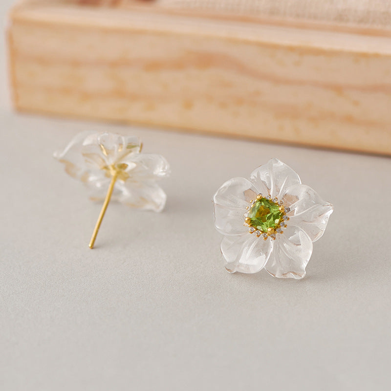 3D Flower Crystal Stud Earrings - 925 Silver Camellia Design - Citrine Accents