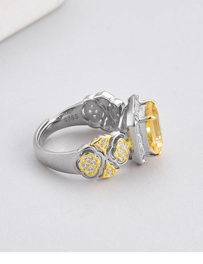 Hollow Flower Citrine Ring - 925 Silver Italian Craft - Geometric Opening Index Finger Ring