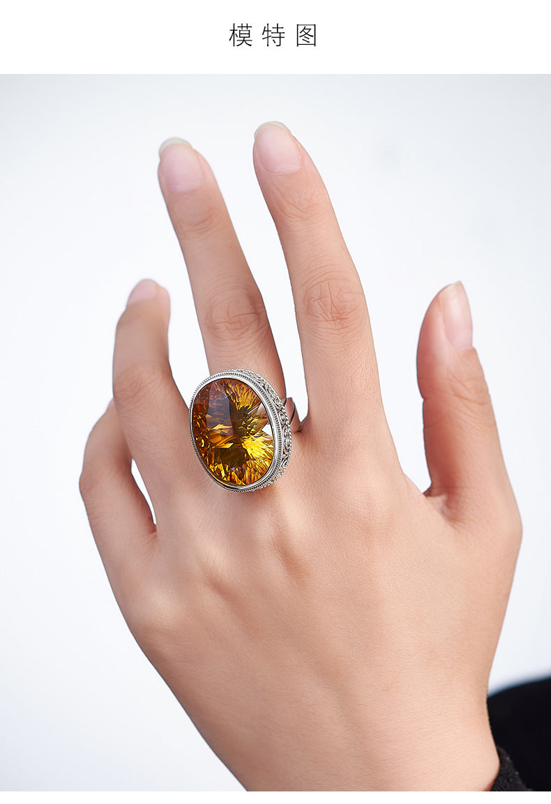 Exaggerated Oval Citrine Ring - 925 Silver Retro Pattern - Unisex Statement Ring
