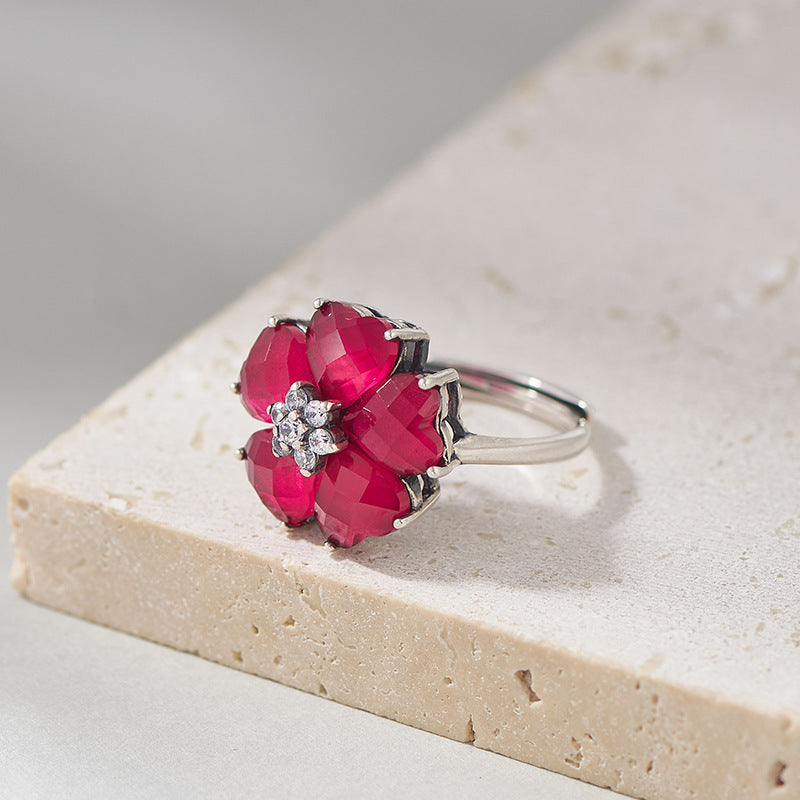 S925 silver heart-shaped redstone stud earrings fashion light luxury simple flower niche gemstone earrings women