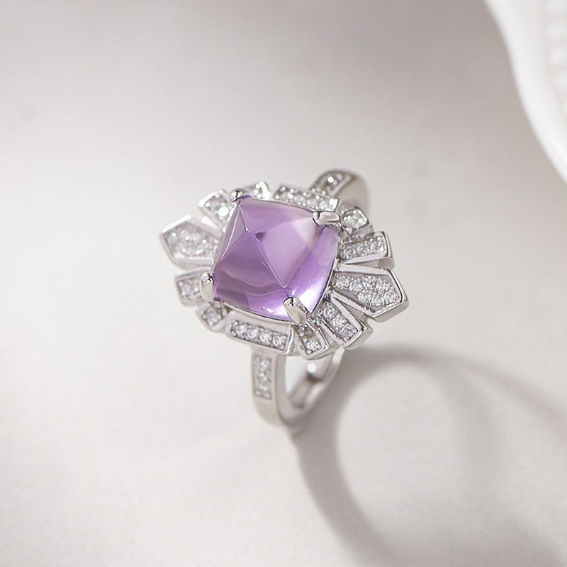 925 Sterling Silver Geometric Faceted Amethyst Open Ring - French Design