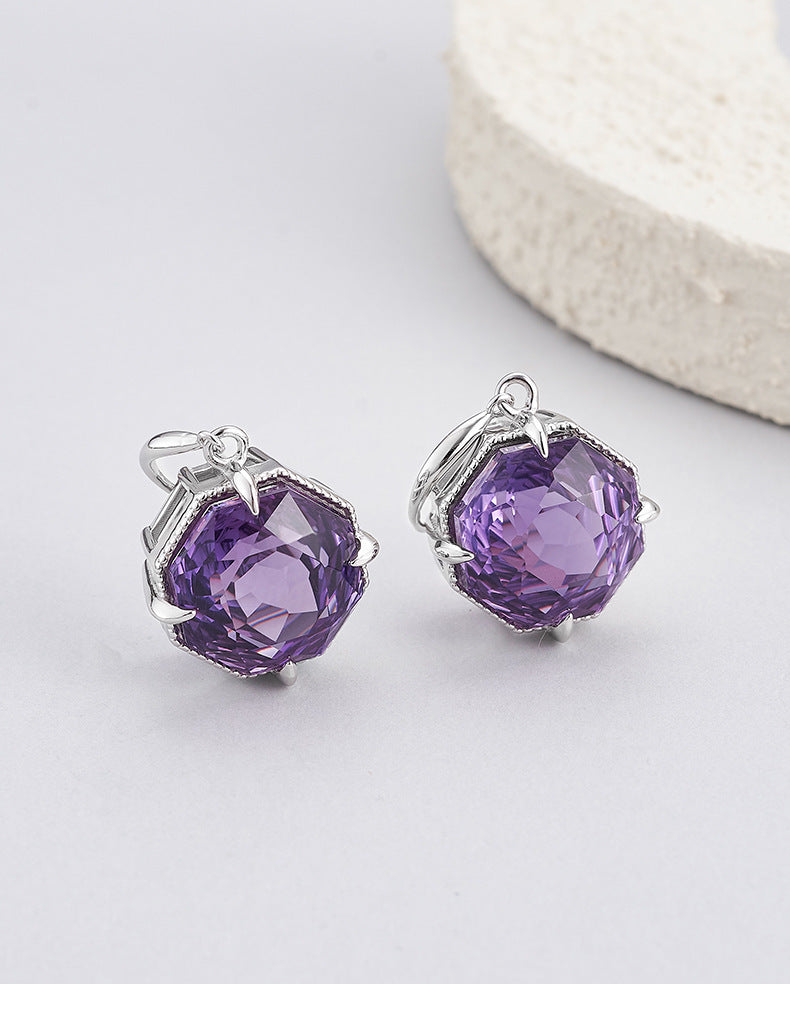 Hexagonal Amethyst Earrings - 925 Silver Geometric Ear Hooks - Light Luxury Design