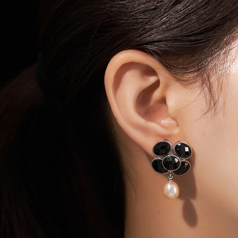 925 Sterling Silver Black Onyx Pearl Camellia Stud Earrings - French Design