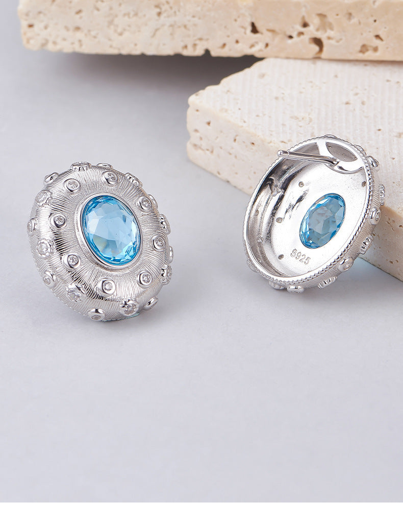 925 Sterling Silver Brushed Oval Topaz Ring with Crystals - Court Style Open Ring