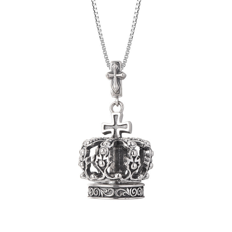 S925 Silver Cross Crown Pendant Niche Design Couple Sweater Necklace Men