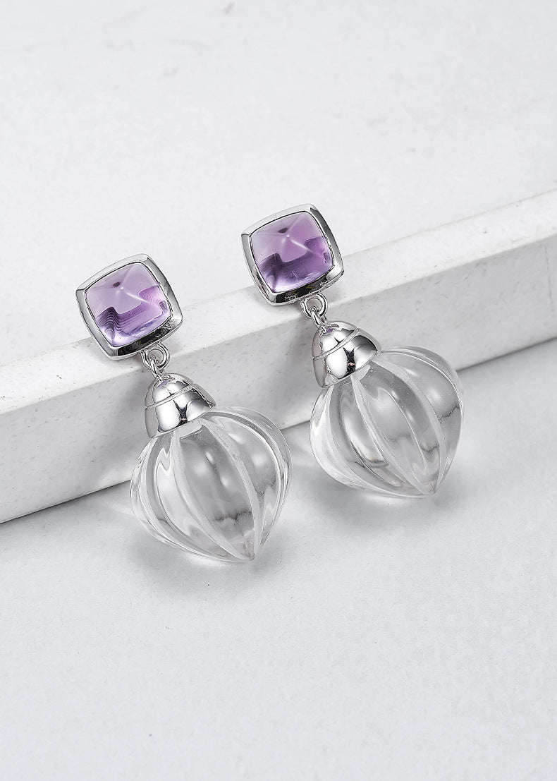 Pumpkin Bead Crystal Stud Earrings - 925 Sterling Silver with White Quartz & Amethyst
