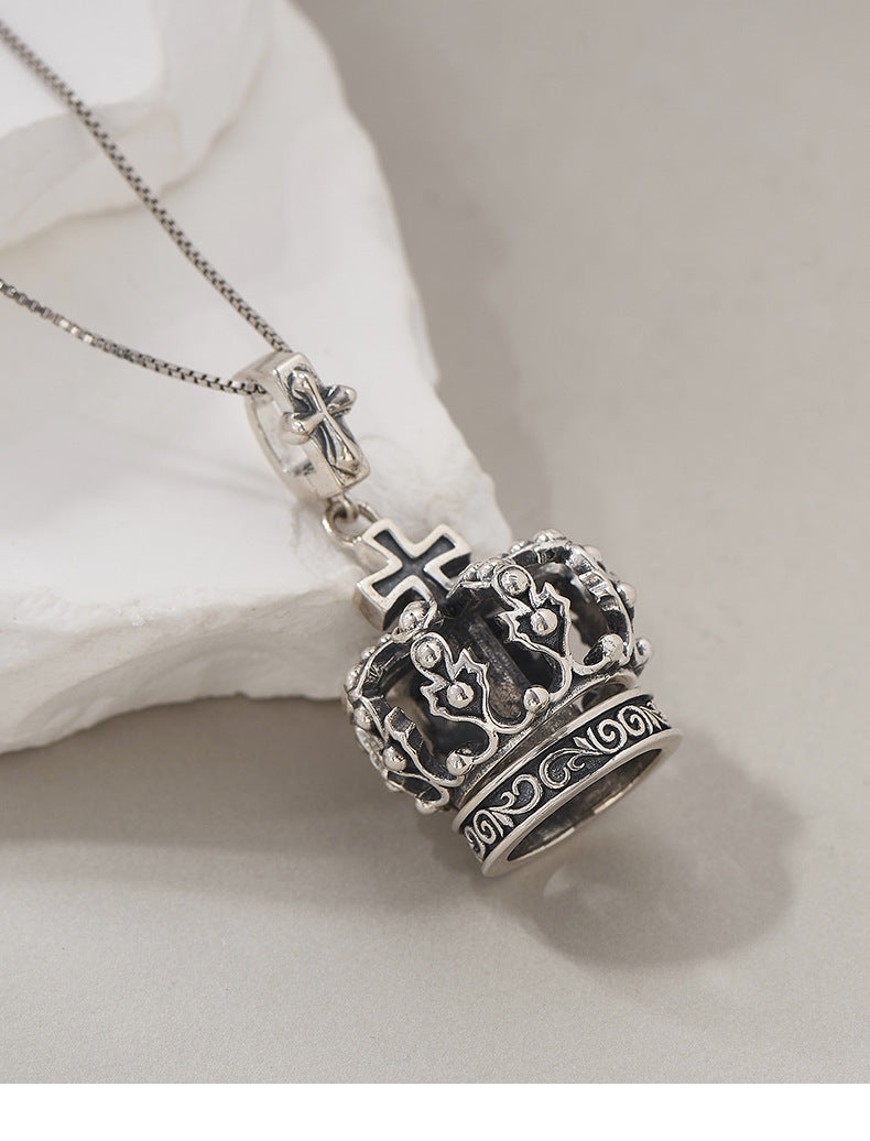 S925 Silver Cross Crown Pendant Niche Design Couple Sweater Necklace Men