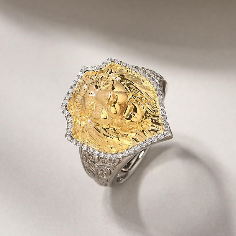 Lion Head Signet Ring - Arabesque Sterling Silver Statement Ring - Adjustable & Bold