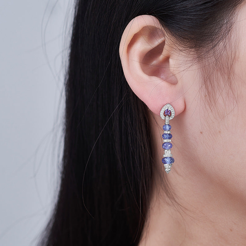 Zircon Long Chain Earrings - 925 Silver Micro-Inlaid - Tanzanite Super Flash Design