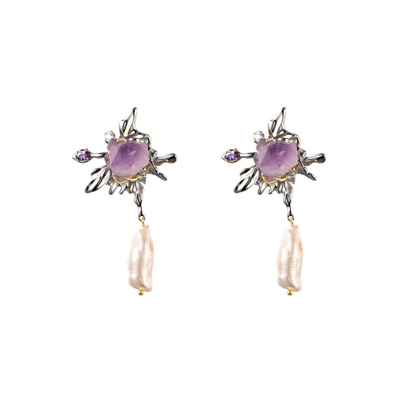 925 Sterling Silver Amethyst Stud Earrings - Baroque Vintage Design