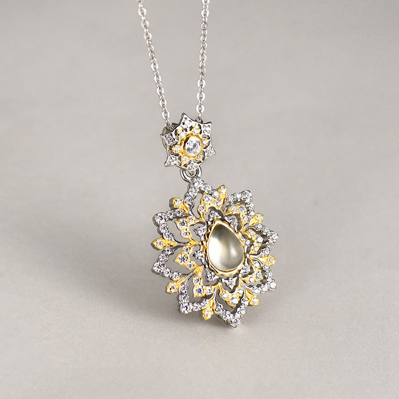 925 Sterling Silver Grape Stone Flower Pendant Necklace - Court Style