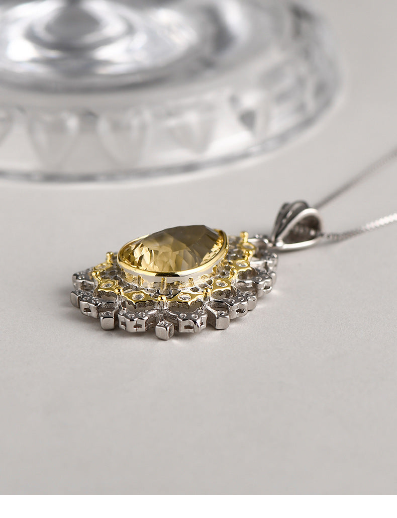 925 Sterling Silver Italian Lace Citrine Teardrop Pendant Necklace - Vintage Court Style