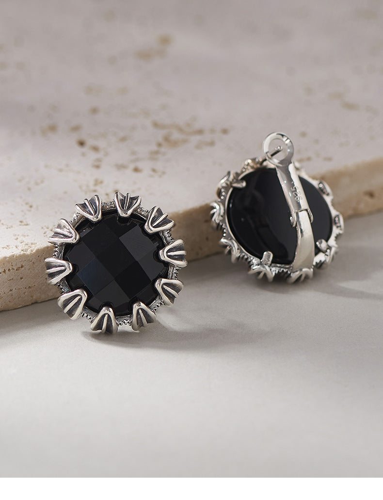 925 Sterling Silver Faceted Black Onyx Round Hoop Earrings