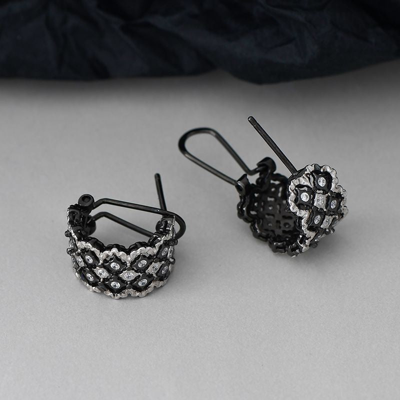 Vintage Lace C-Hoop Earrings - 925 Sterling Silver Italian Filigree Design - Black Finish