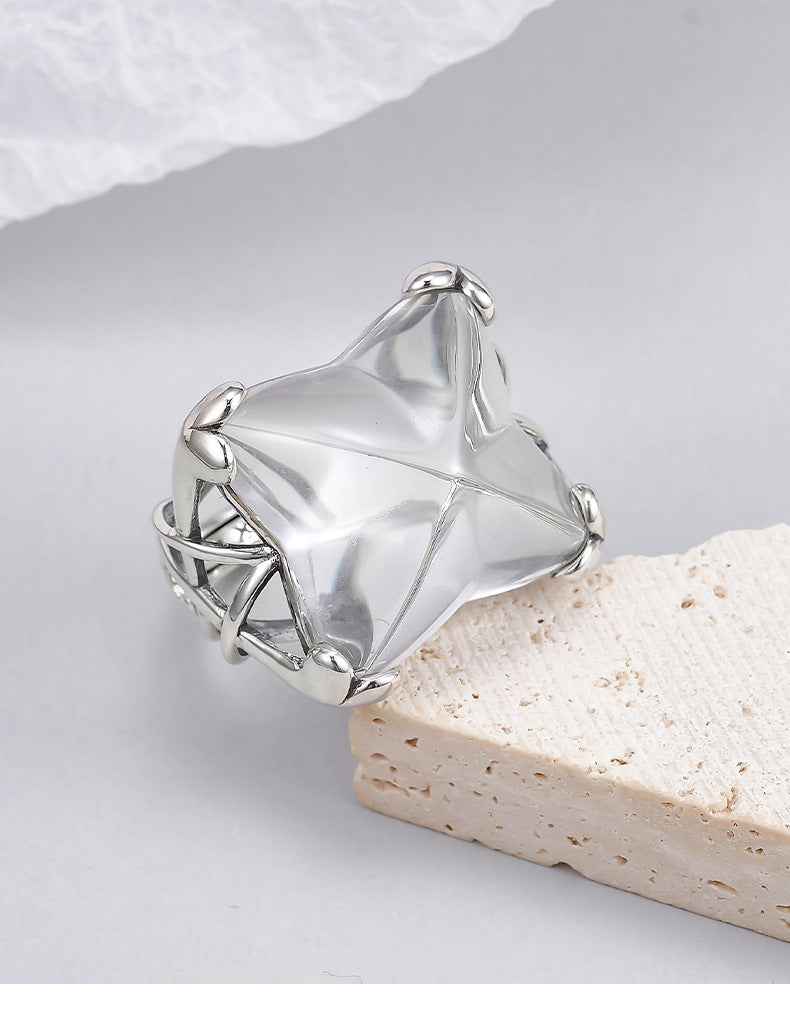 Hollow Geometric Crystal Ring - 925 Silver Large Opening - Exaggerated Index Finger Ring