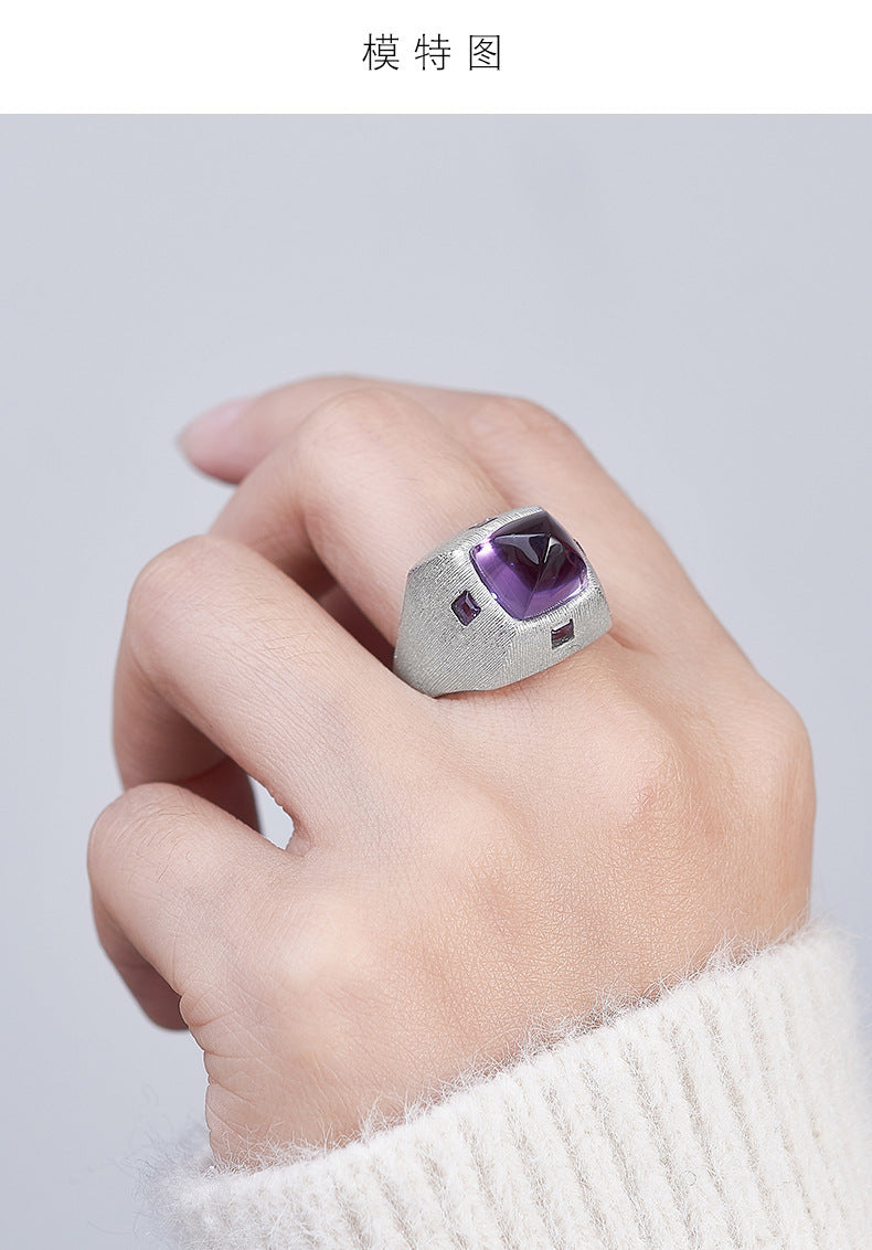 925 Sterling Silver Brushed Amethyst Diamond-Shaped Open Ring
